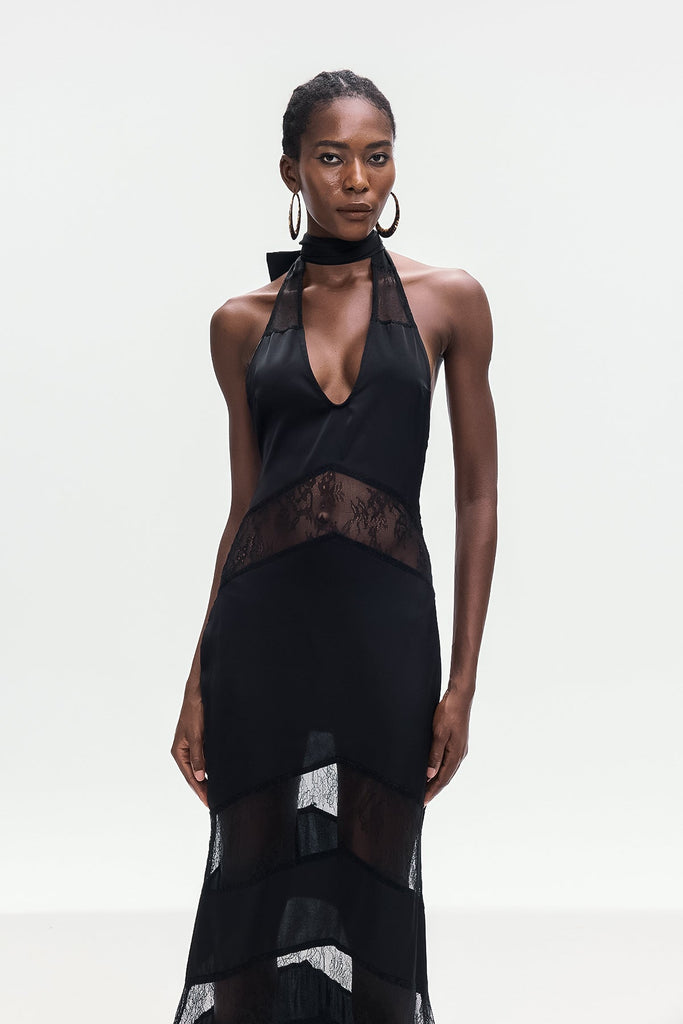 Bernal Satin Lace Cutout Floral Maxi Dress In Black - Stylish black dress for special occasions | Buy Online