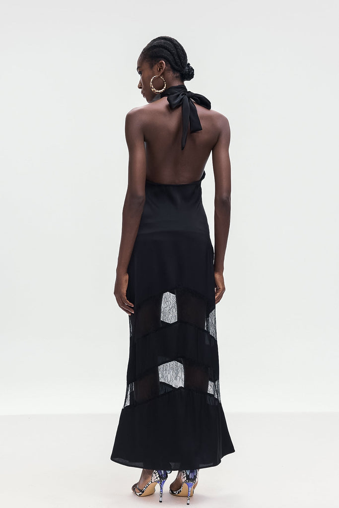 Shop  black dress - Perfect for special occasions | Bernal Satin Lace Cutout Floral Maxi Dress In Black