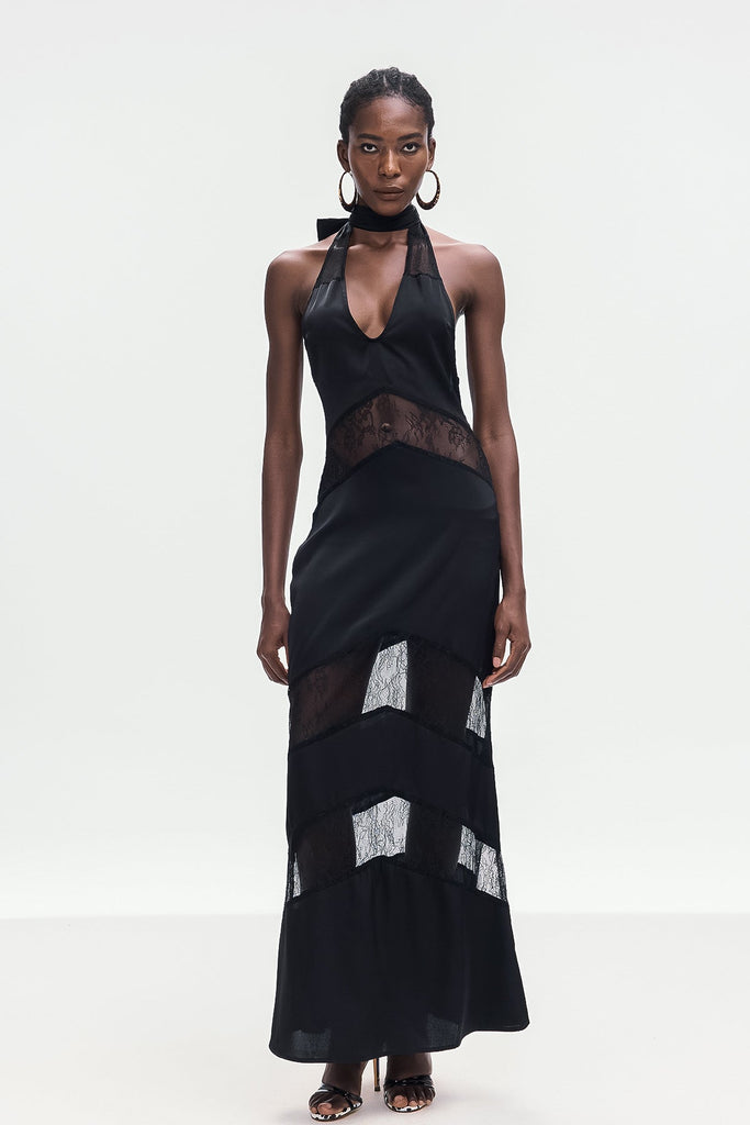 Bernal Satin Lace Cutout Floral Maxi Dress In Black - Stylish black dress for special occasions | Buy Online