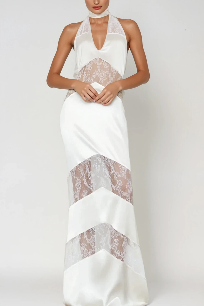 Stylish white dress | Bernal Satin Lace Cutout Floral Maxi Dress In White - Ideal for special occasions