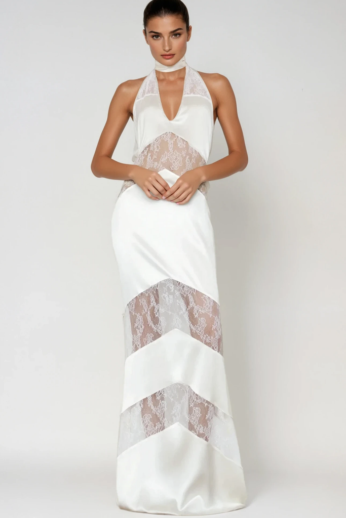 Stylish white dress | Bernal Satin Lace Cutout Floral Maxi Dress In White - Ideal for special occasions