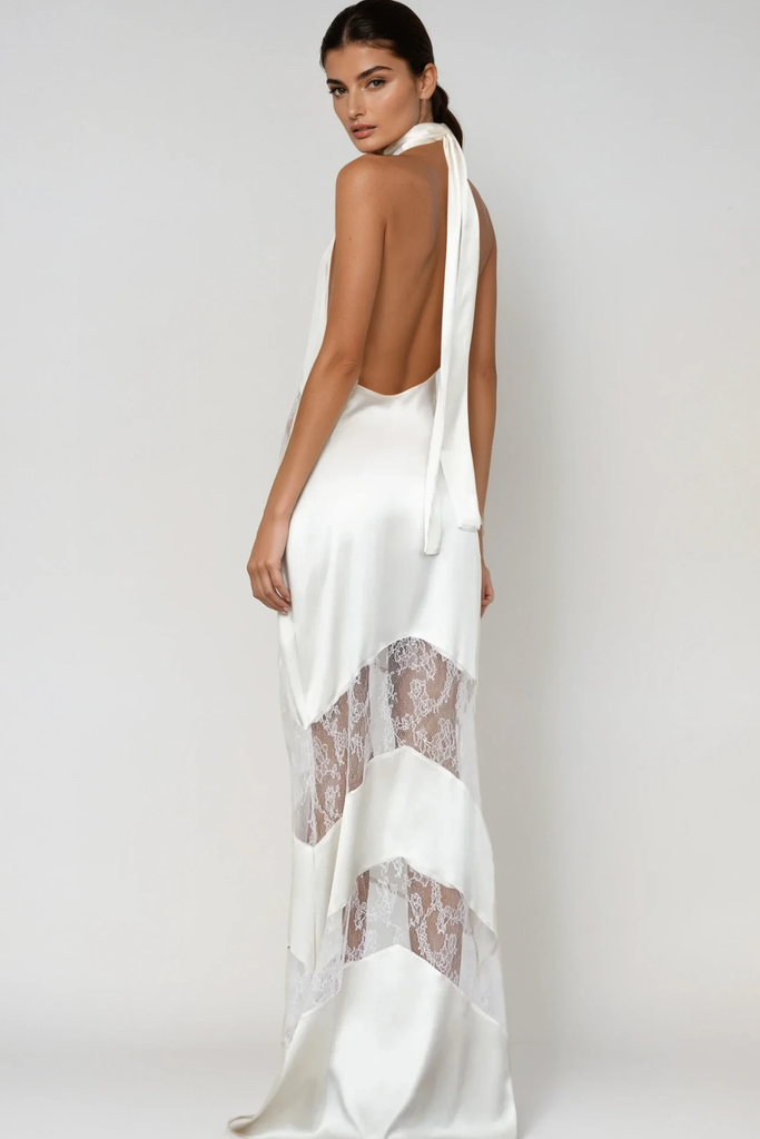 Stylish white dress | Bernal Satin Lace Cutout Floral Maxi Dress In White - Ideal for special occasions