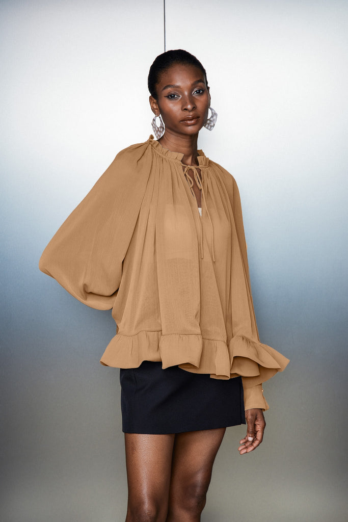 Shop  beautiful dress - Perfect for special occasions | Bernard Ruch Ruffle Mesh Long Sleeve Top In Khaki
