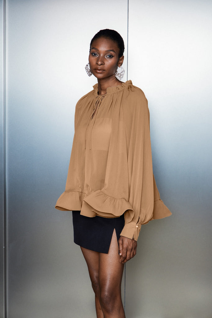 Stylish beautiful dress | Bernard Ruch Ruffle Mesh Long Sleeve Top In Khaki - Ideal for special occasions