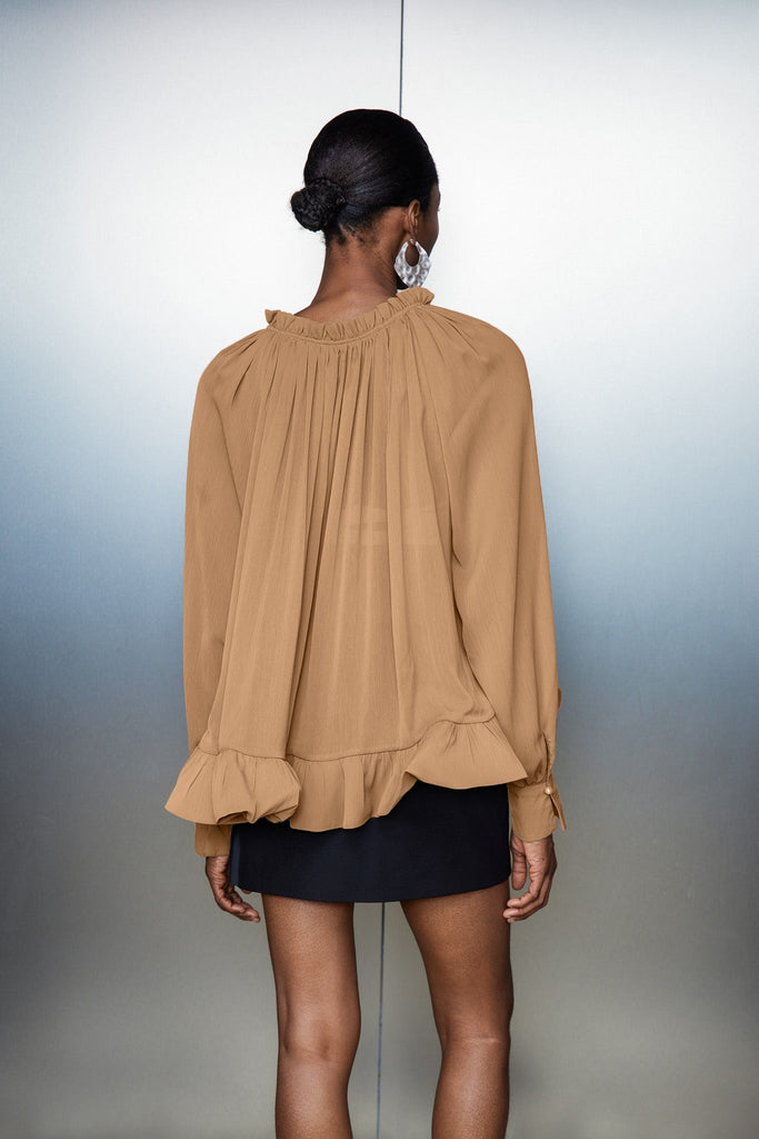 Stylish beautiful dress | Bernard Ruch Ruffle Mesh Long Sleeve Top In Khaki - Ideal for special occasions