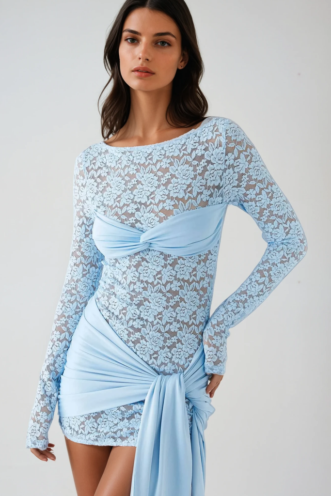 Bernardo Lace Floral Lace Up Mini Dress In Baby Blue - Stylish blue dress for special occasions | Buy Online