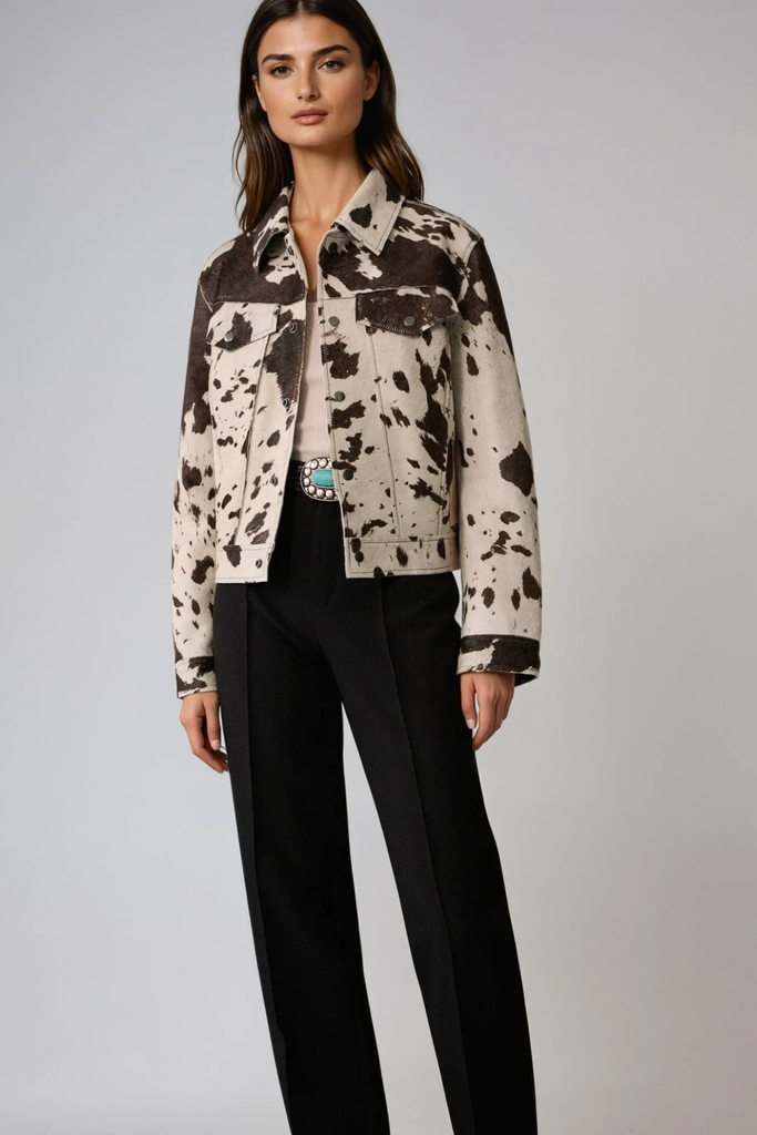 Bernie Cow Print Denim Jacket - Stylish beautiful dress for special occasions | Buy Online