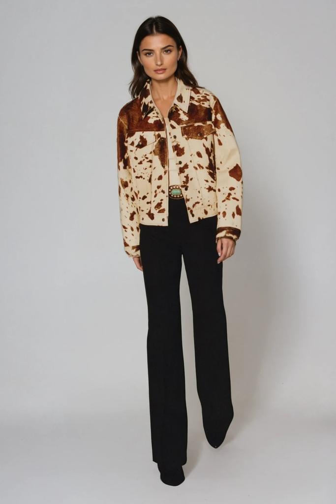 Bernie Cow Print Denim Jacket - Stylish beautiful dress for special occasions | Buy Online