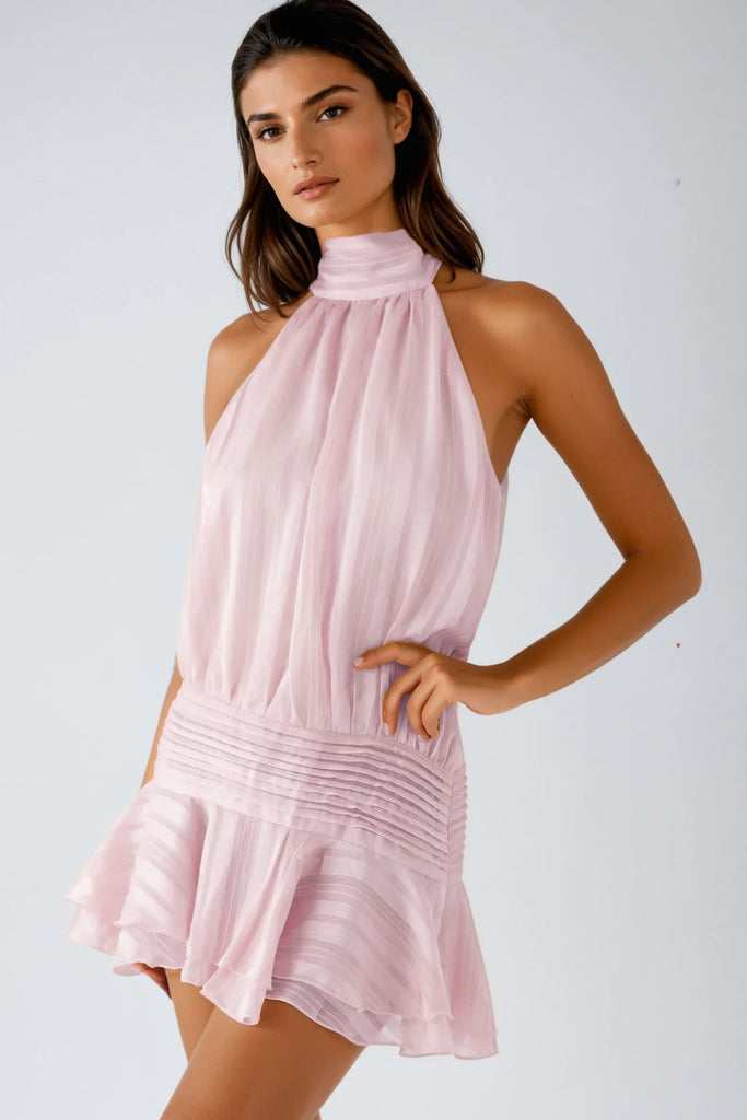 Bernique Halter Neck Ruch Ruffle Mini Dress In Pink - Stylish pink dress for special occasions | Buy Online