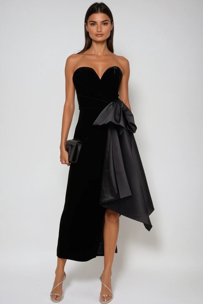 Stylish beautiful dress | Beroe Strapless Asymmetric Bow Split Maxi Dress - Ideal for special occasions