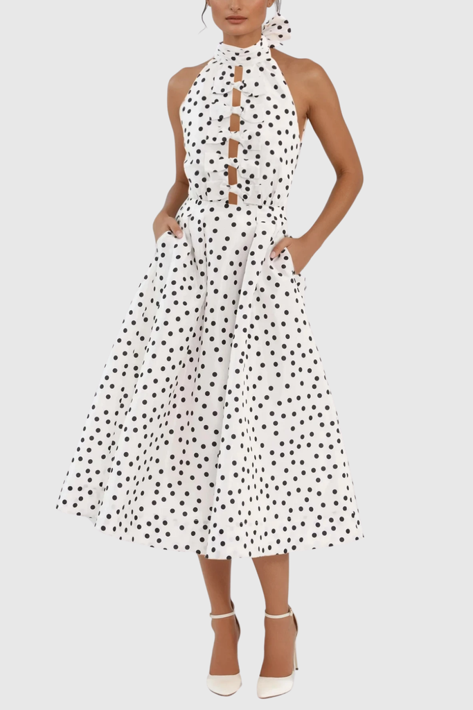 Stylish beautiful dress | Berry Halter Neck Dot Bow Midi Dress - Ideal for special occasions