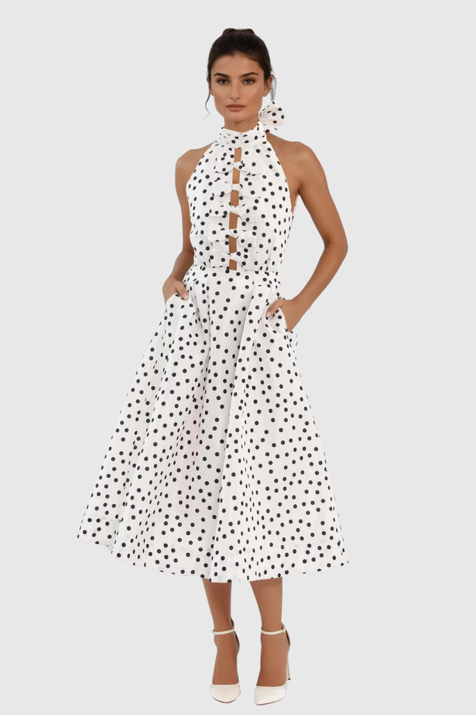 Stylish beautiful dress | Berry Halter Neck Dot Bow Midi Dress - Ideal for special occasions