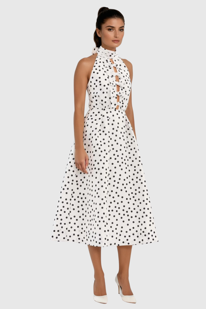 Shop  beautiful dress - Perfect for special occasions | Berry Halter Neck Dot Bow Midi Dress