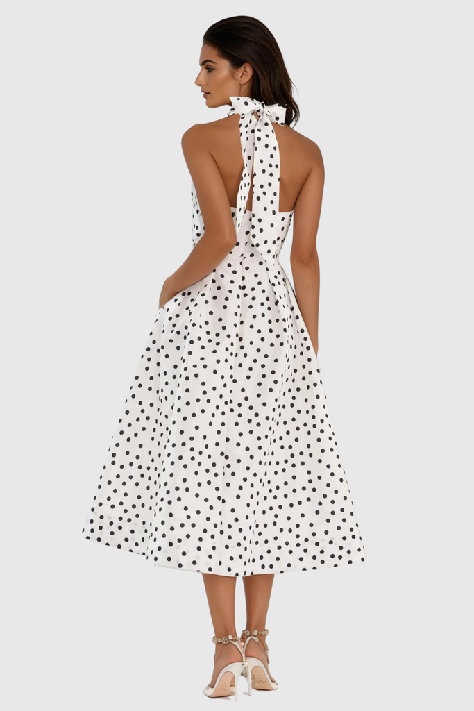 Berry Halter Neck Dot Bow Midi Dress - Stylish beautiful dress for special occasions | Buy Online