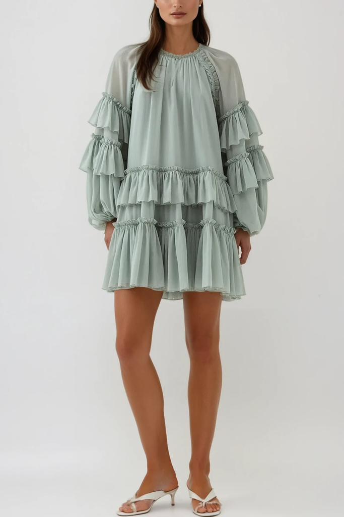 Shop  beautiful dress - Perfect for special occasions | Berta Balloon Sleeve Mesh Ruch Ruffle Mini Dress