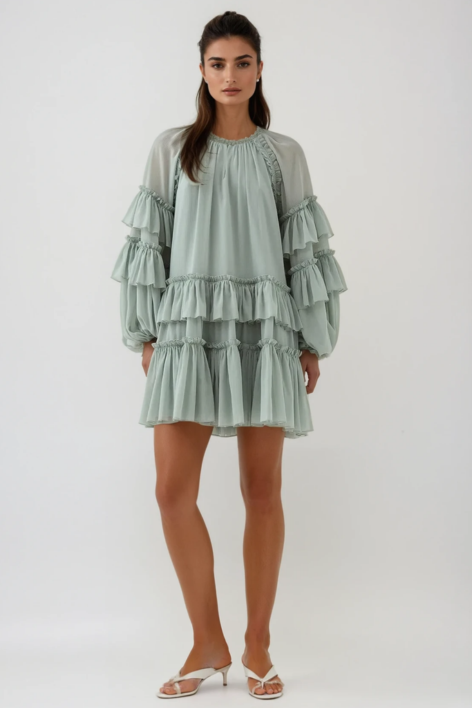 Stylish beautiful dress | Berta Balloon Sleeve Mesh Ruch Ruffle Mini Dress - Ideal for special occasions