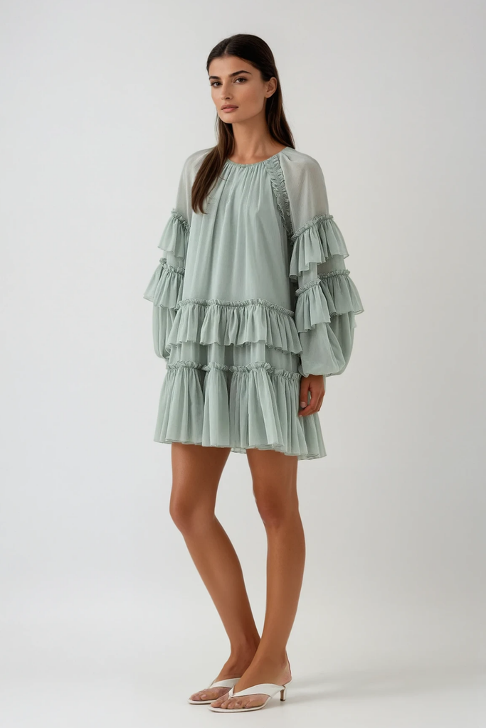 Berta Balloon Sleeve Mesh Ruch Ruffle Mini Dress - Stylish beautiful dress for special occasions | Buy Online