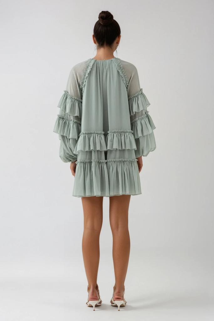 Berta Balloon Sleeve Mesh Ruch Ruffle Mini Dress - Stylish beautiful dress for special occasions | Buy Online
