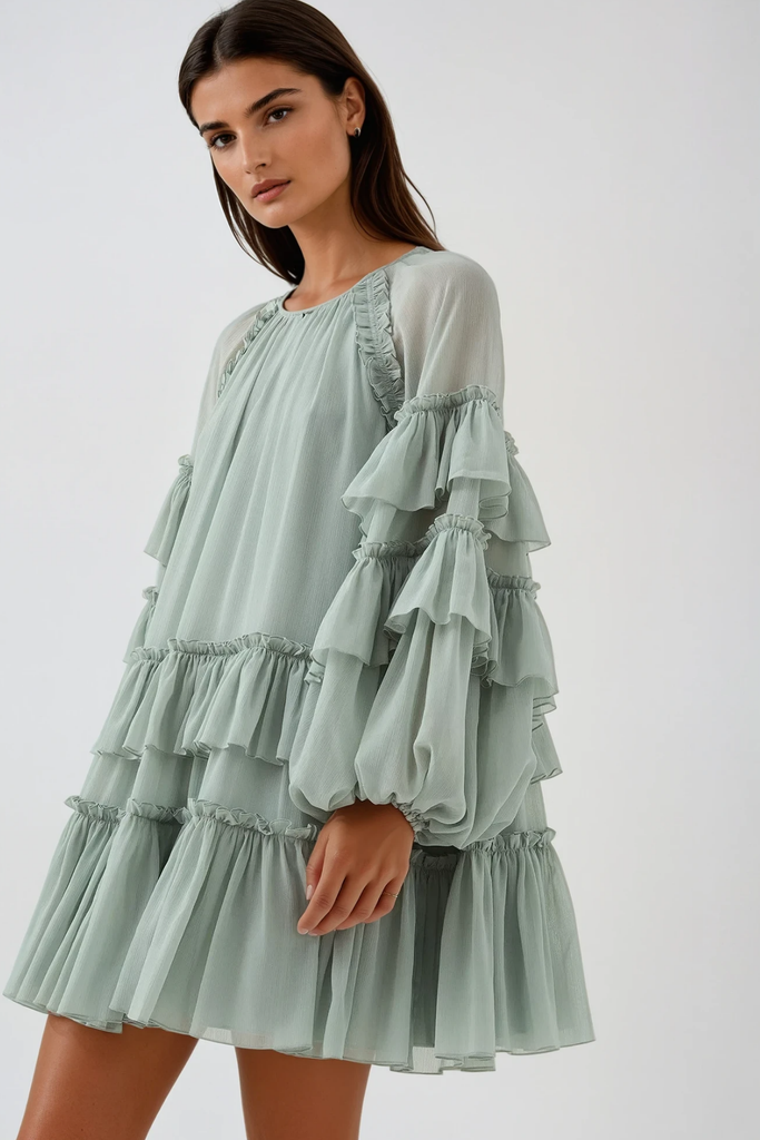 Berta Balloon Sleeve Mesh Ruch Ruffle Mini Dress - Stylish beautiful dress for special occasions | Buy Online