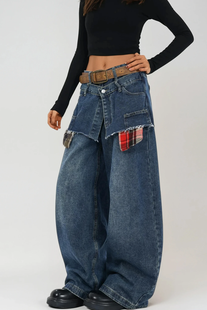 Bertie Deconstruct Plaid Wide Jeans - Stylish beautiful dress for special occasions | Buy Online