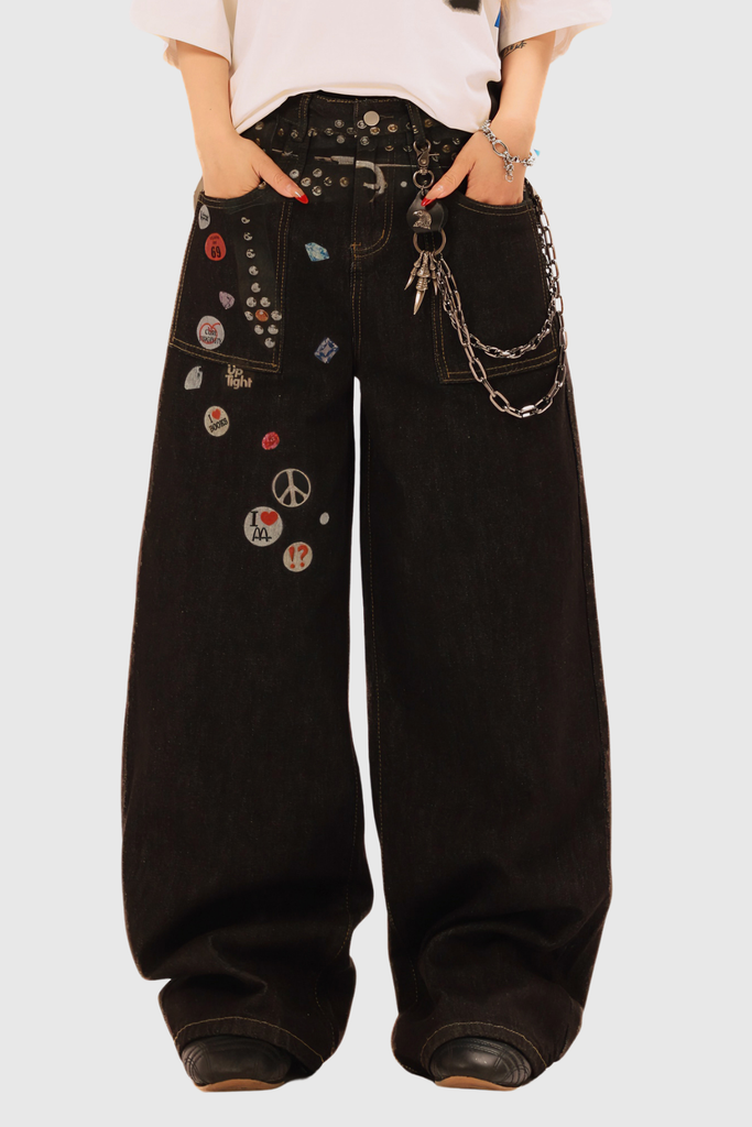 Bertil Bleached Print Wide Jeans In Black - Stylish black dress for special occasions | Buy Online