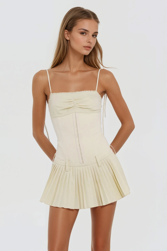 Shop  beautiful dress - Perfect for special occasions | Bertram Spaghetti Corset Ruch Mini Dress In Apricot