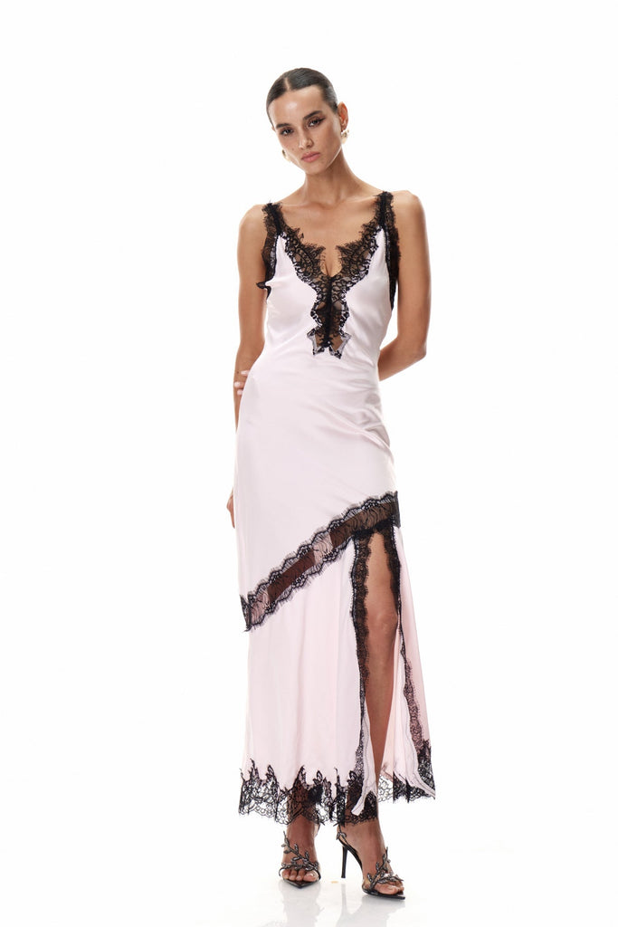 Shop  pink dress - Perfect for special occasions | Bess Lace Plunge Satin Maxi Dress In Pink