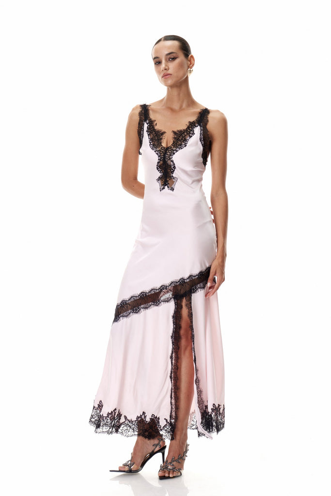 Shop  pink dress - Perfect for special occasions | Bess Lace Plunge Satin Maxi Dress In Pink