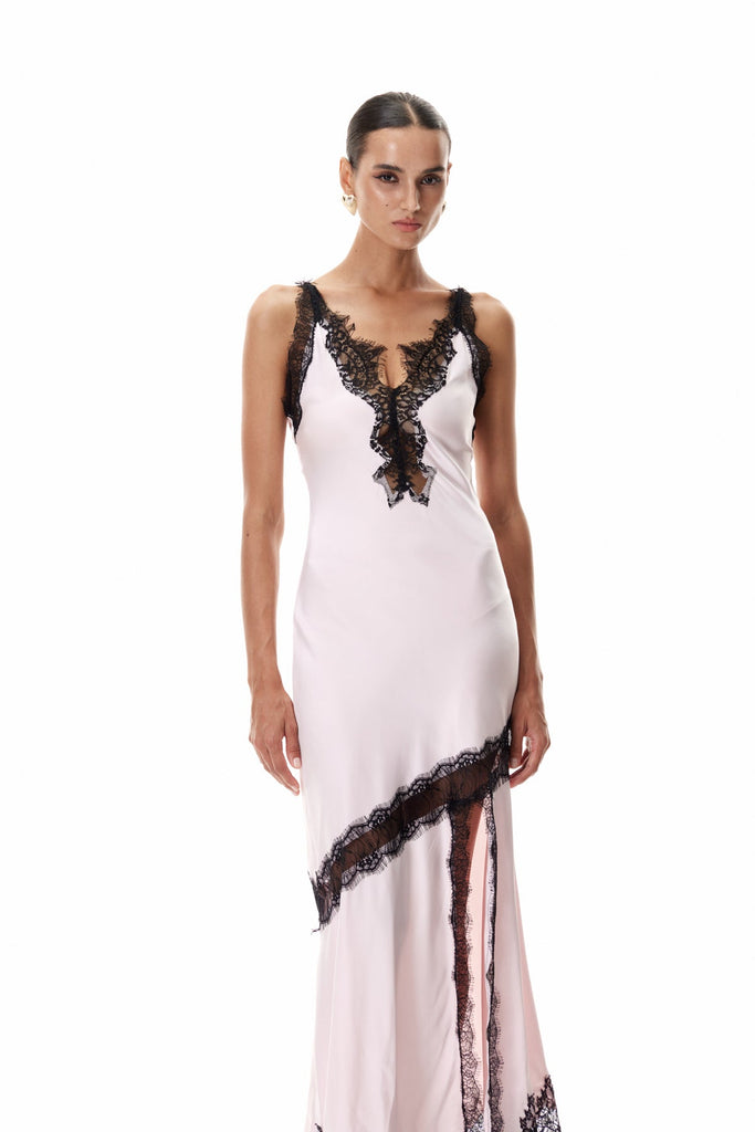 Stylish pink dress | Bess Lace Plunge Satin Maxi Dress In Pink - Ideal for special occasions