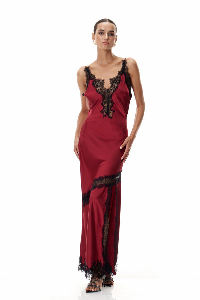 Bess Lace Plunge Satin Maxi Dress In Red - Stylish red dress for special occasions | Buy Online