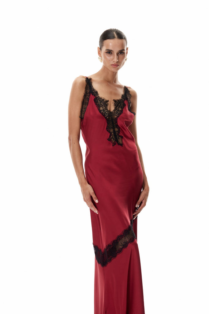 Stylish red dress | Bess Lace Plunge Satin Maxi Dress In Red - Ideal for special occasions