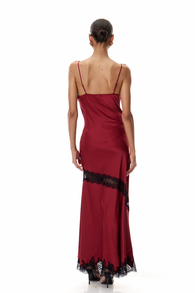 Stylish red dress | Bess Lace Plunge Satin Maxi Dress In Red - Ideal for special occasions