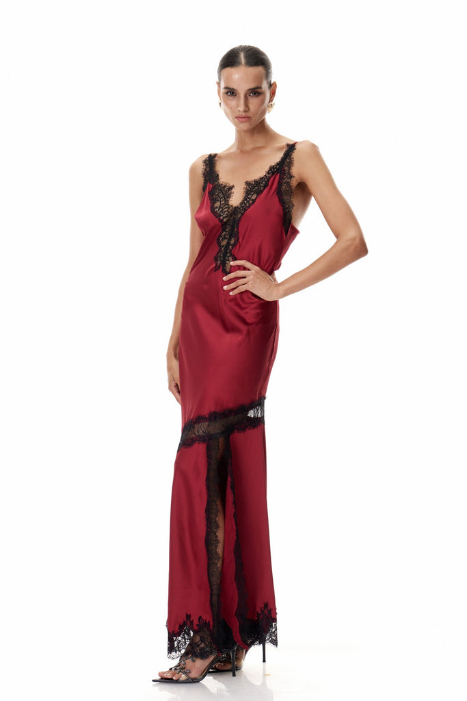 Shop  red dress - Perfect for special occasions | Bess Lace Plunge Satin Maxi Dress In Red