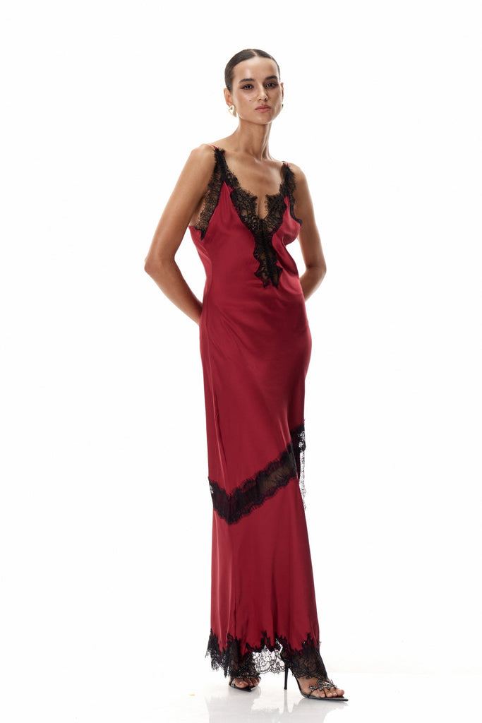 Shop  red dress - Perfect for special occasions | Bess Lace Plunge Satin Maxi Dress In Red