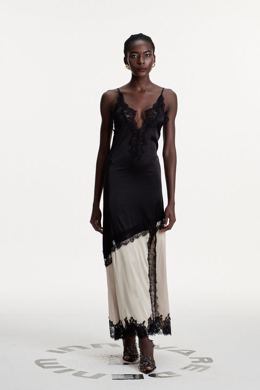 Bess Lace Plunge Satin Maxi Dress