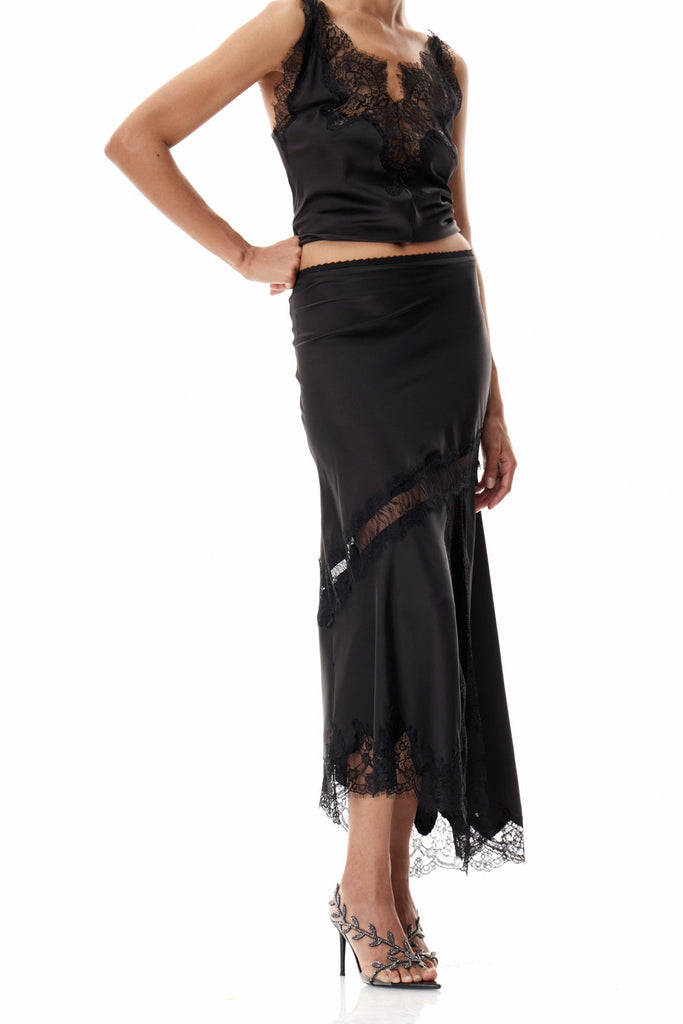 Bess Lace Satin Skirt In Black - Stylish black dress for special occasions | Buy Online