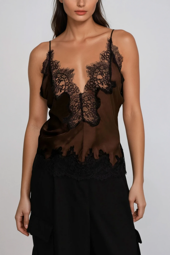 Shop  brown dress - Perfect for special occasions | Bess Lace Satin Top In Brown