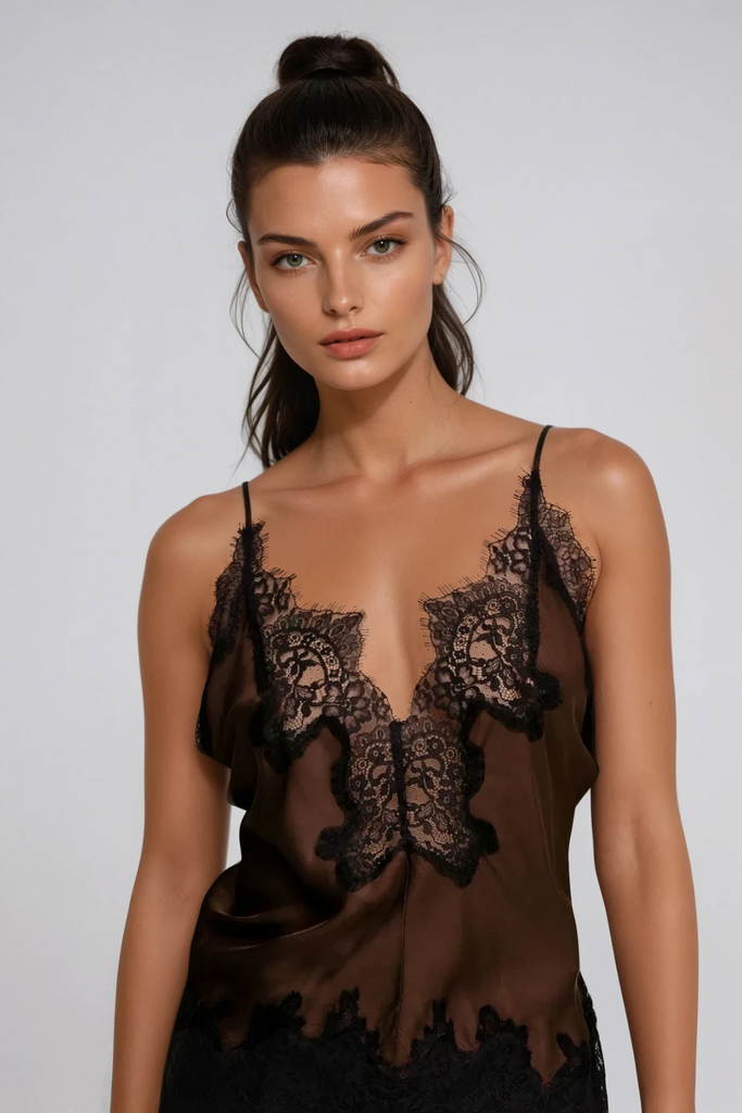 Shop  brown dress - Perfect for special occasions | Bess Lace Satin Top In Brown