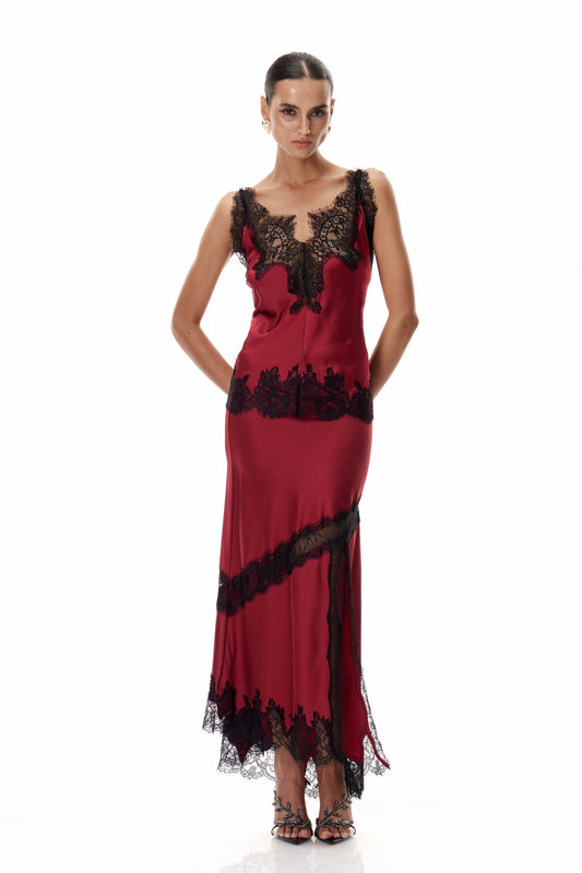 Bess Lace Satin Top In Red