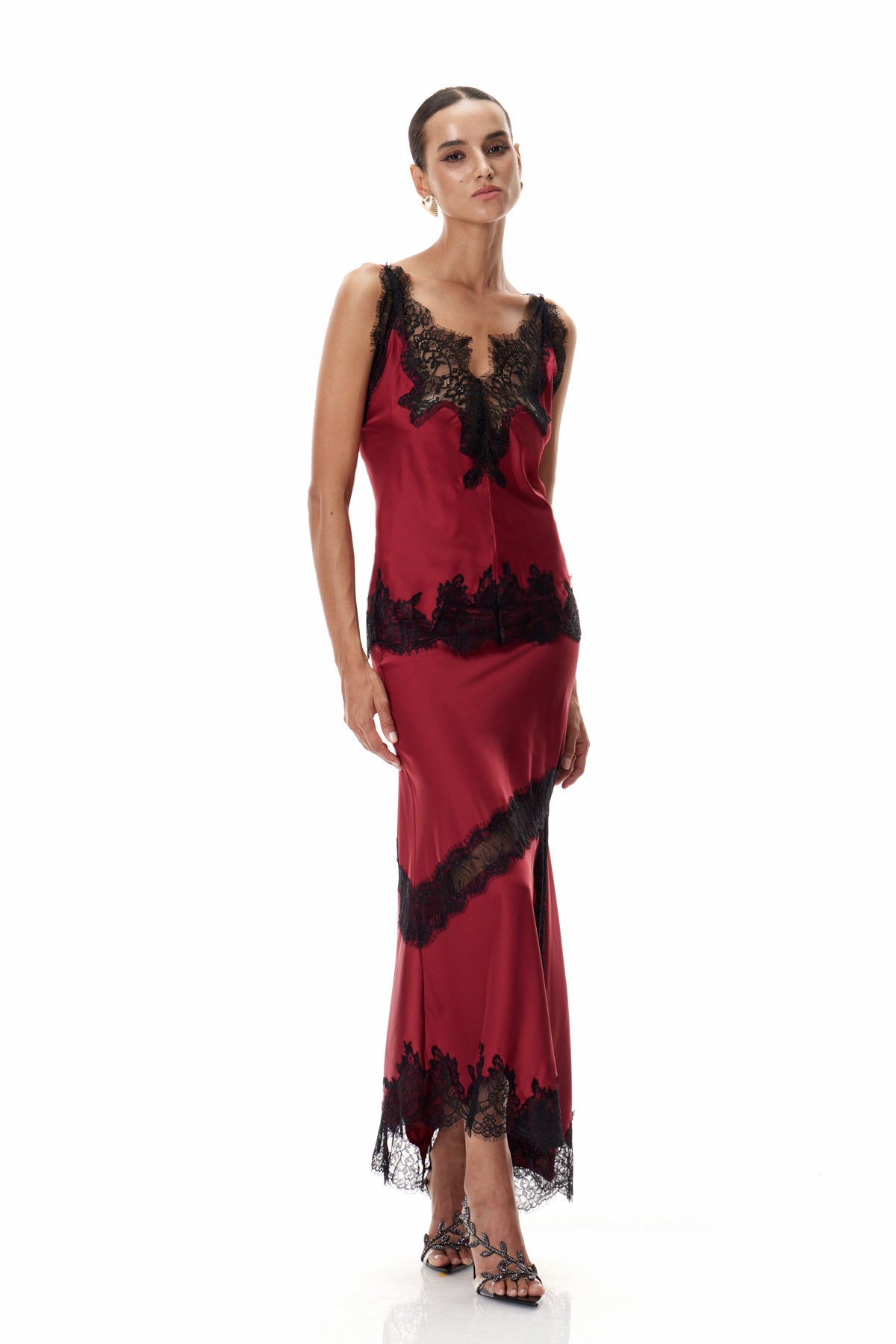 Bess Lace Satin Top In Red