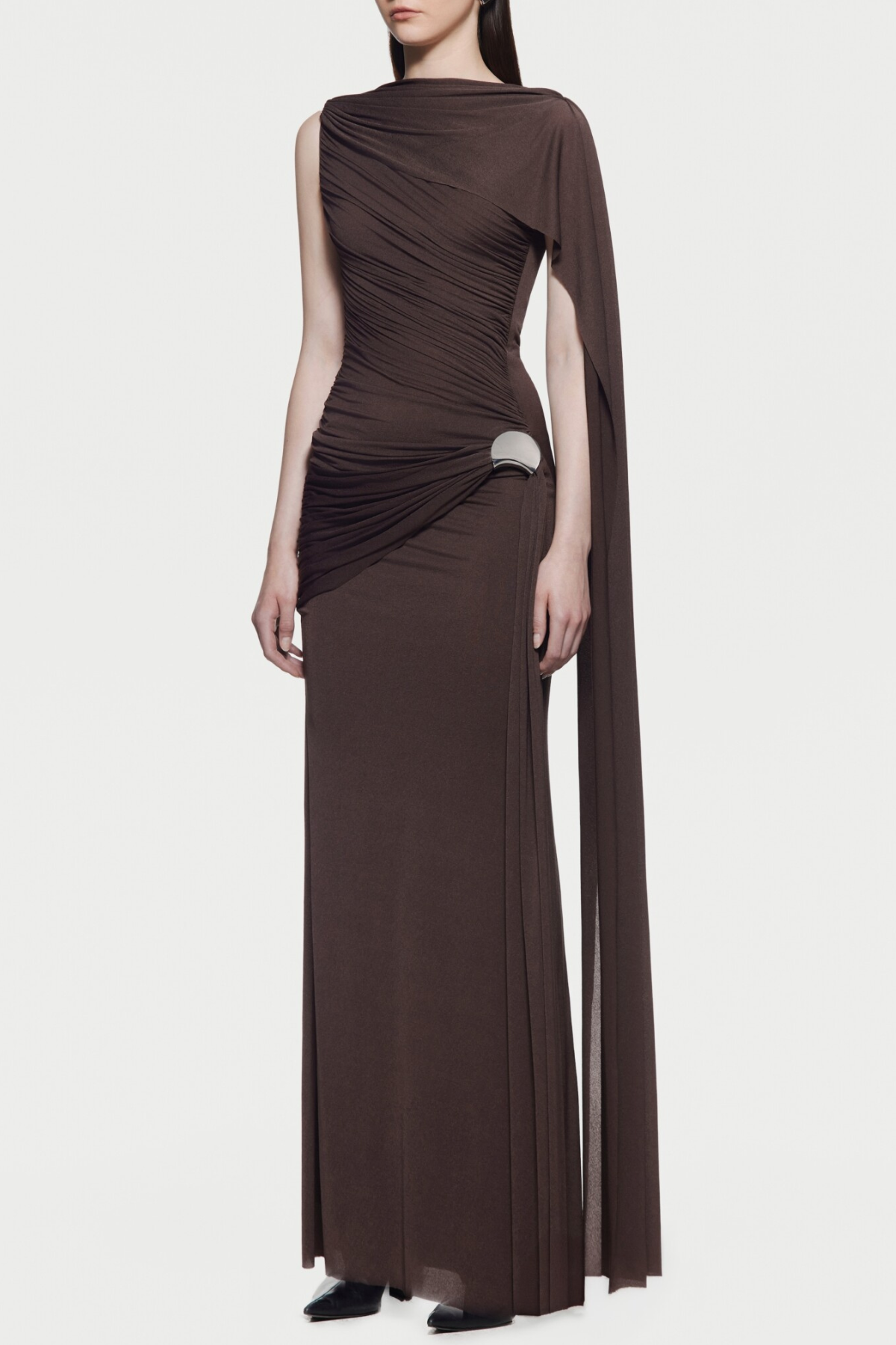 Betsey One Shoulder Asymmetrical Flap Ruched Maxi Dress - Brown
