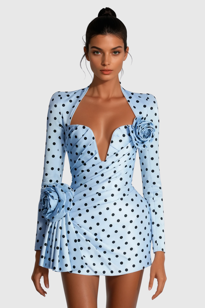 Stylish blue dress | Biaggio Dot Flower Ruch Mini Dress In Blue - Ideal for special occasions