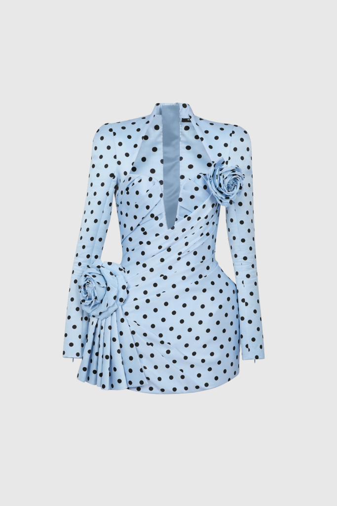 Biaggio Dot Flower Ruch Mini Dress In Blue - Stylish blue dress for special occasions | Buy Online