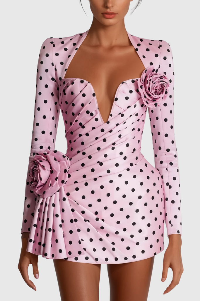Biaggio Dot Flower Ruch Mini Dress In Pink - Stylish pink dress for special occasions | Buy Online
