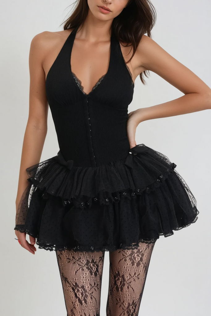 Stylish black dress | Mesh Halter Neck Corset Mini Dress in black - Ideal for special occasions