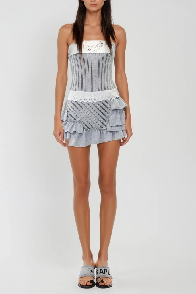 Shop  beautiful dress - Perfect for special occasions | Bibek Stripe Ruffle Asymmetric Mini Dress
