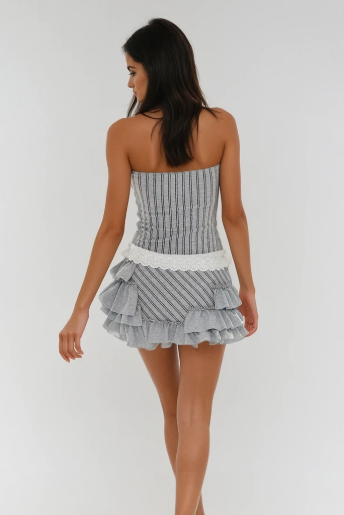 Shop  beautiful dress - Perfect for special occasions | Bibek Stripe Ruffle Asymmetric Mini Dress