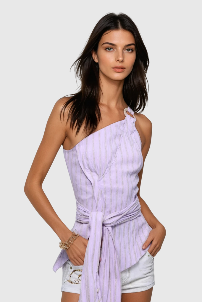 Stylish beautiful dress | Bibigul Stripe One Shouder Lace Up Top - Ideal for special occasions