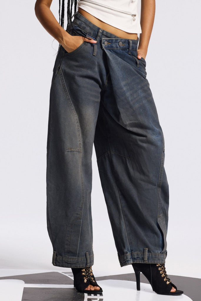 Bilal Print Asymmetric Baggy Jeans - Stylish beautiful dress for special occasions | Buy Online