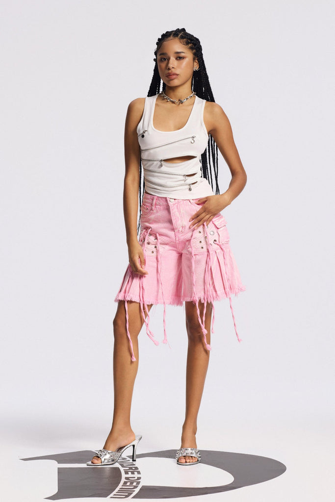Shop  pink midi - Perfect for special occasions | Bile Fringe Ruffle Midi Jeans In Pink